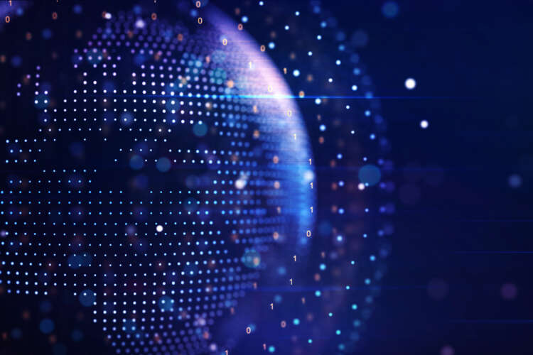 Abstract graphic world map illustration on blue background, big data and networking concept